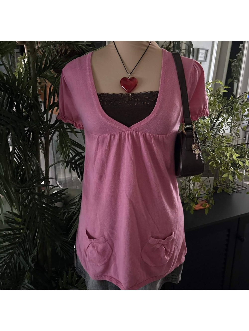 y2k pink knit babydoll top